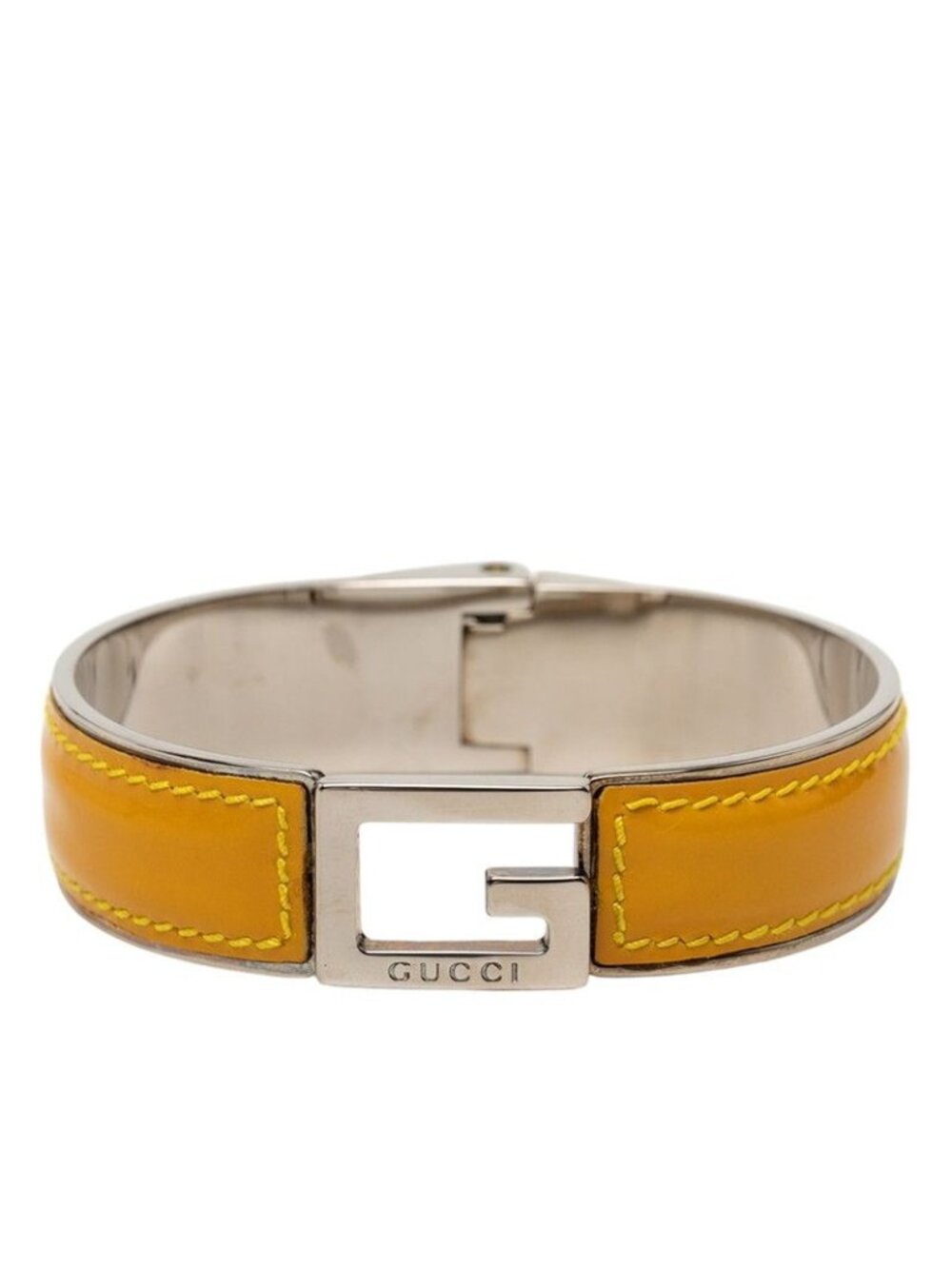 Gucci Logo Bangle Silver And Yellow Patent Leather And Metal Bracelet - Picture 1 of 5